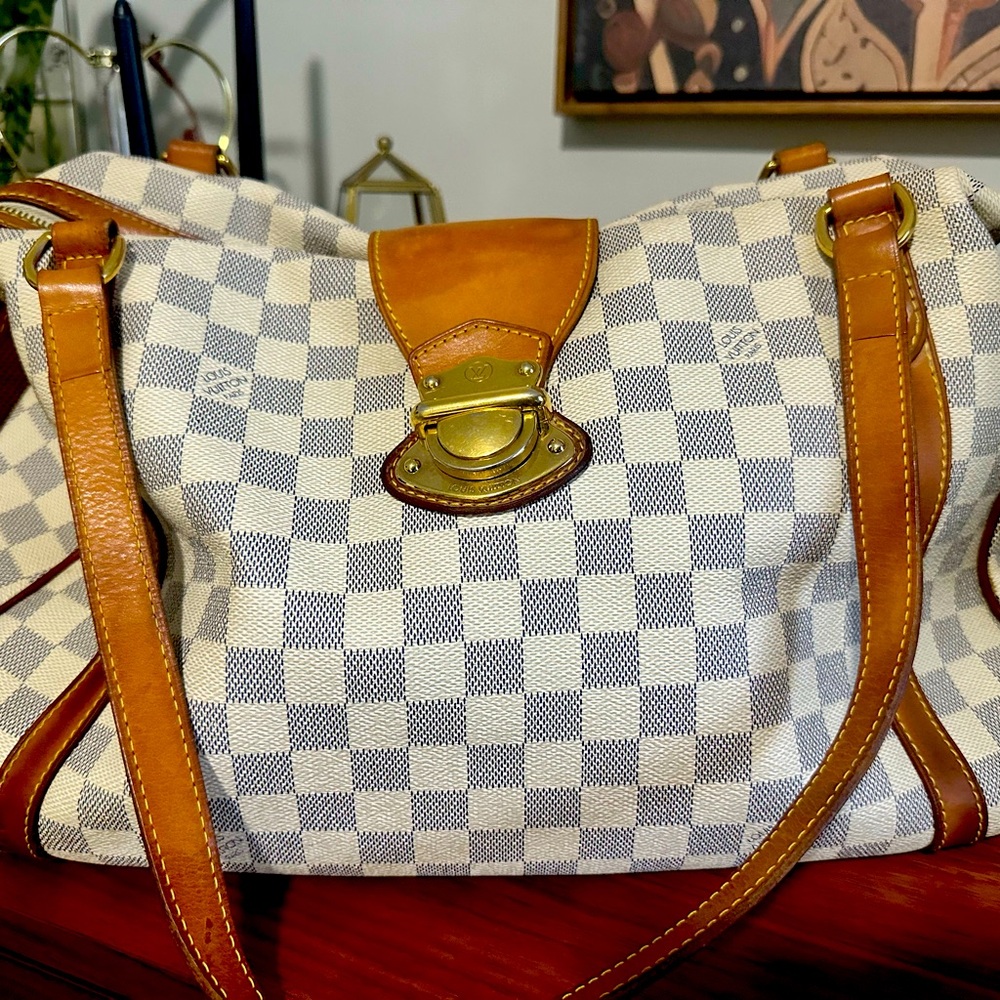 Louis Vuitton Damier Azur Canvas Shoulder Bag with Natural Vachetta Trim
